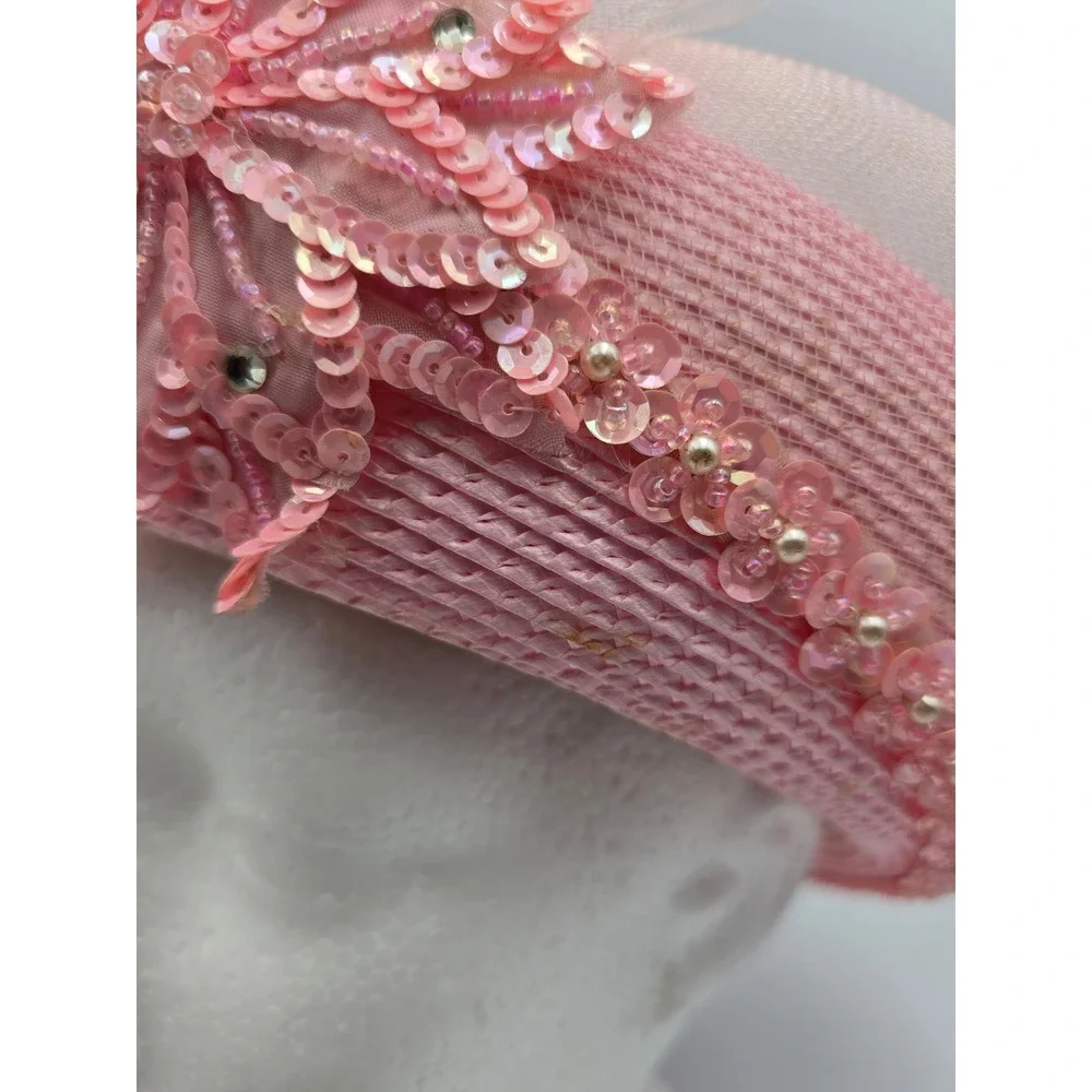 Mr Hi's Classic Pillbox Hat Womens OS Pink Good Sequin Lace Floral Church‎ Derby